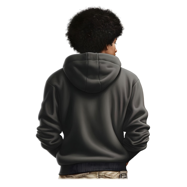 Back view of a black man in black hoodie isolated on white background