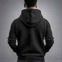 Free PSD back view of man in black hoodie on grey background mock up