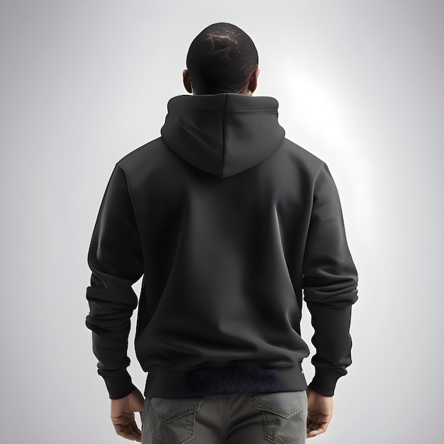back view of man in black hoodie on grey background rear view
