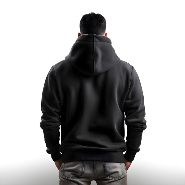 Back view of a man in a black hoodie isolated on white background