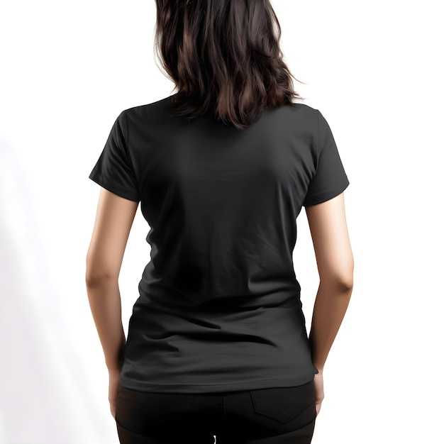 白い背景に隔離された白い黒いtシャツを着た女性の後ろの景色