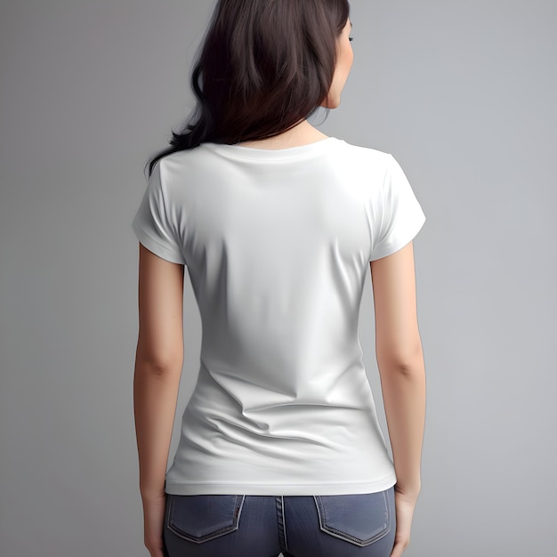 無料PSD 灰色の背景の白いtシャツを着た女性の後ろの景色