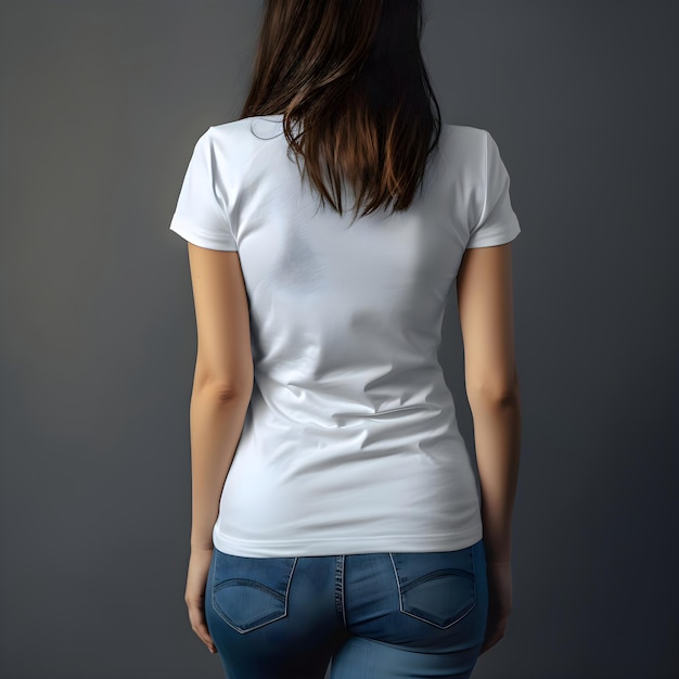 白いtシャツを着た若い女性の後ろの景色 モックアップ