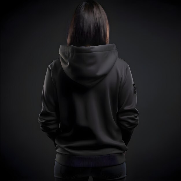 back view of a woman in a black hoodie on a black background