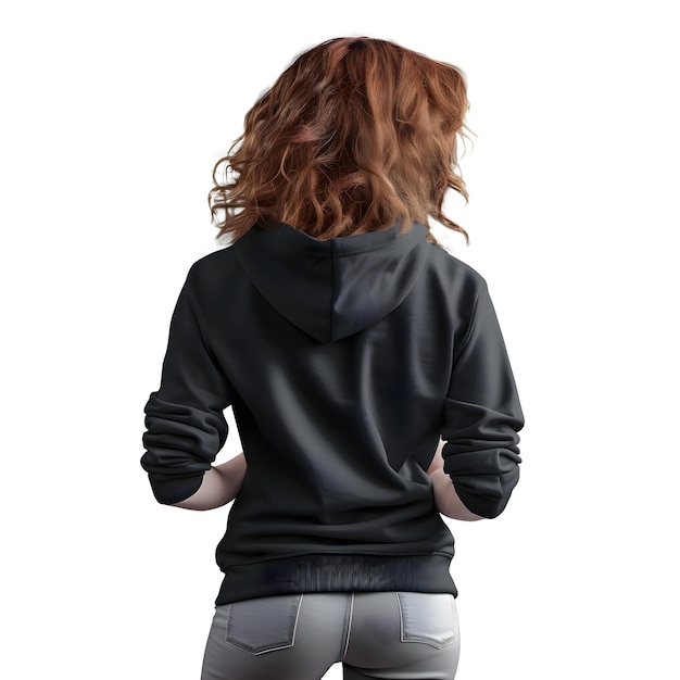 PSD gratuito vista posteriore di una donna con cappuccio nero su sfondo bianco percorso di ritaglio