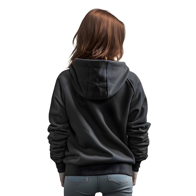 PSD gratuito vista posteriore di una donna con cappuccio nero su sfondo bianco con percorso di ritaglio