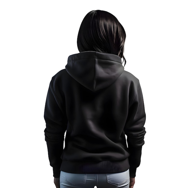 Free PSD back view of a woman in a black hoodie on a white background