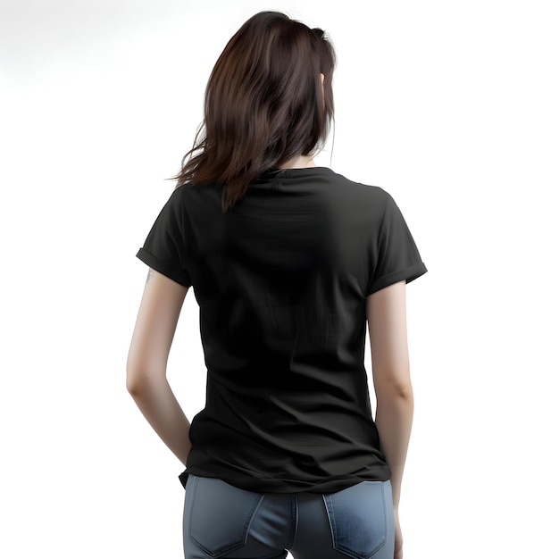 Back View of Woman in Blank Black T-Shirt Isolated on White Background – Free PSD Download