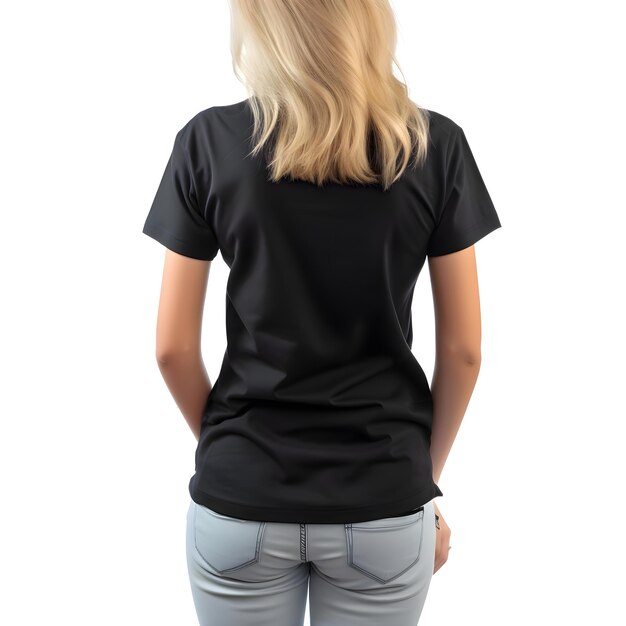 Free PSD back view of woman in blank black t shirt isolated on white