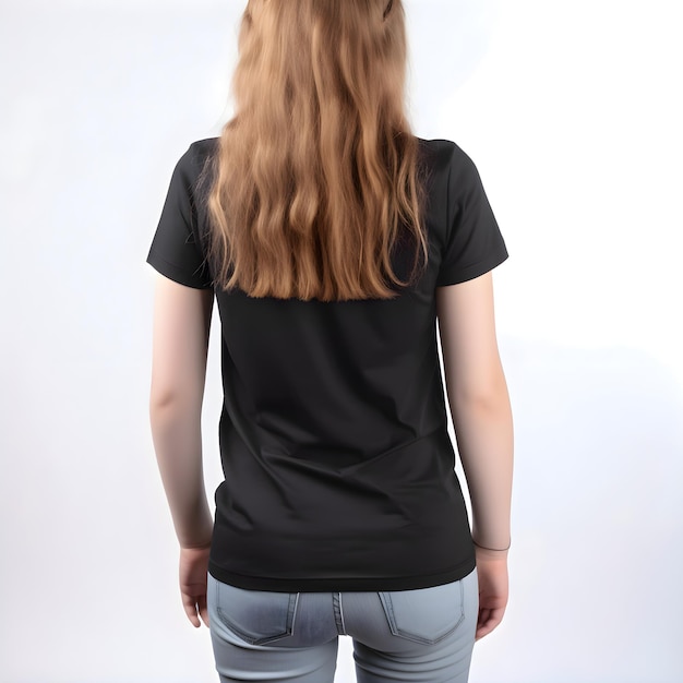 Back view of woman in blank black t shirt on white background – Free PSD