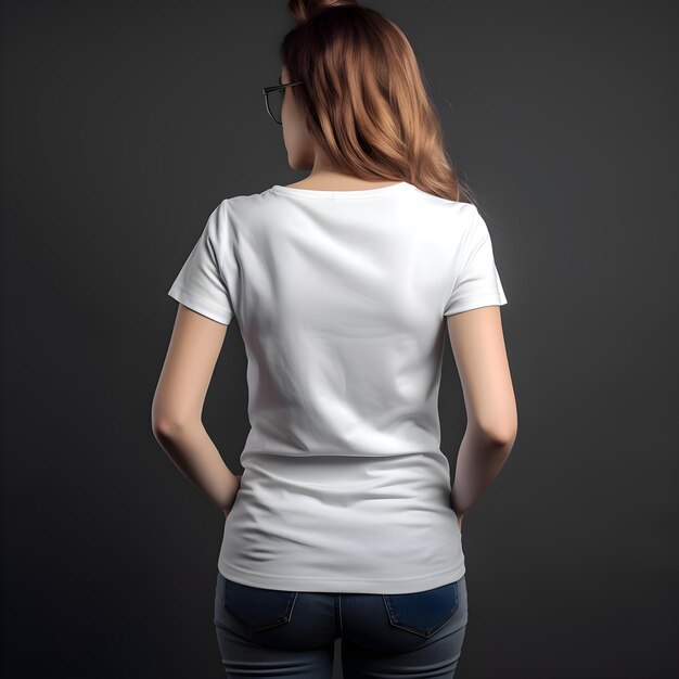 Free PSD back view of woman in blank white t shirt on black background