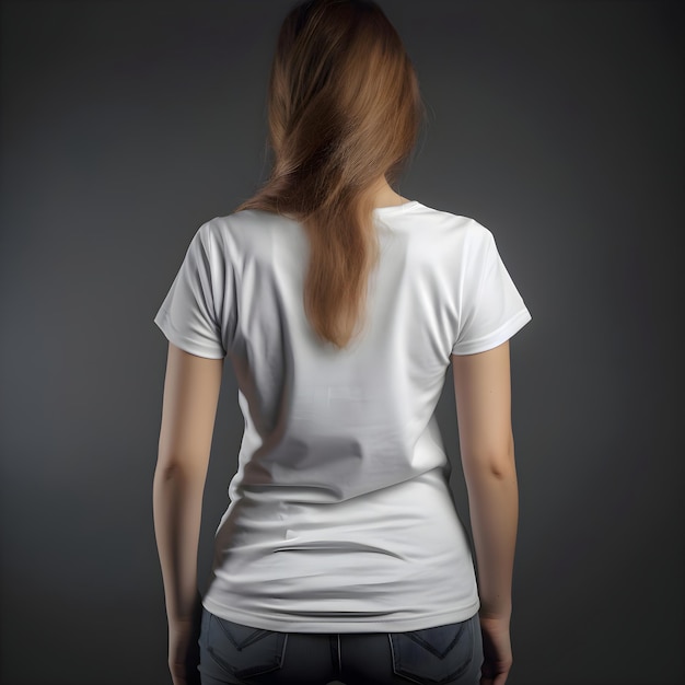 Back view of woman in blank white t shirt on grey background