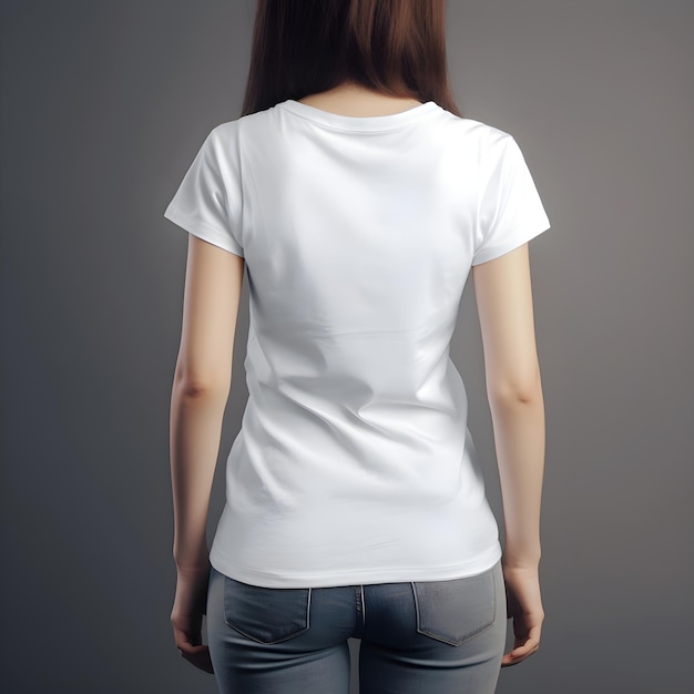 Back view of woman in blank white t-shirt on grey background – Free PSD Template