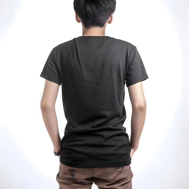 Free PSD back view of young man wearing blank black t shirt on white background