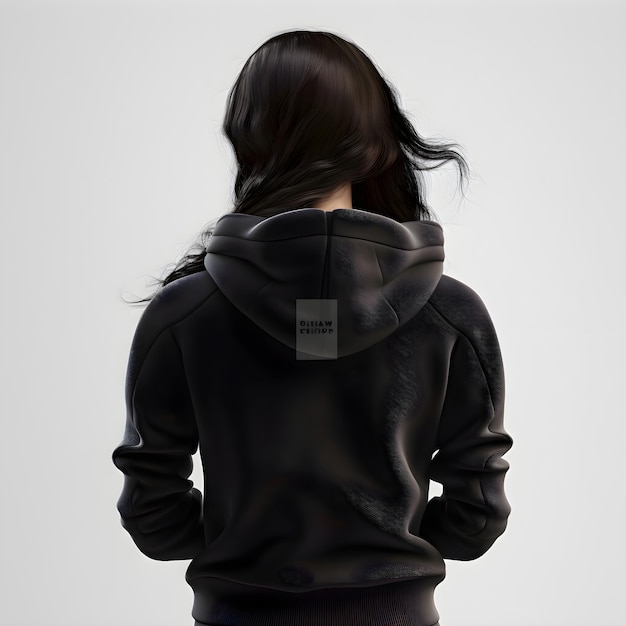 Back view of a young woman in a black hoodie on gray background free PSD download