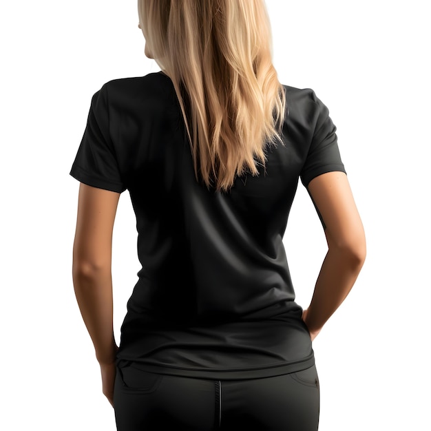 Back view of young woman in black t shirt on white background