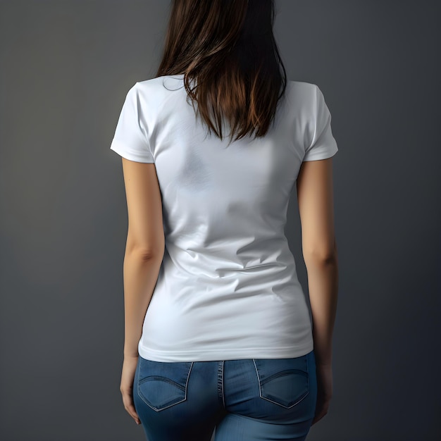 PSD gratuito vista posteriore di una giovane donna in maglietta bianca mock up