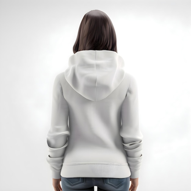 Free PSD back view of young woman in hoodie on light background mock up