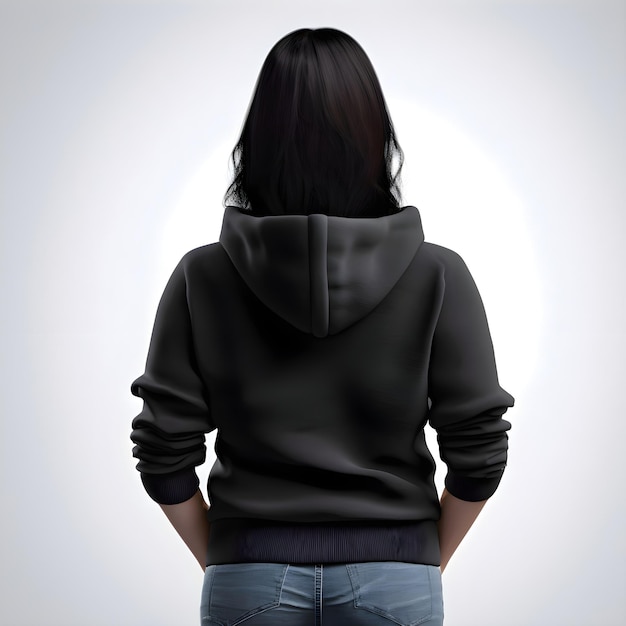 Free PSD back view of a young woman wearing a hooded sweatshirt