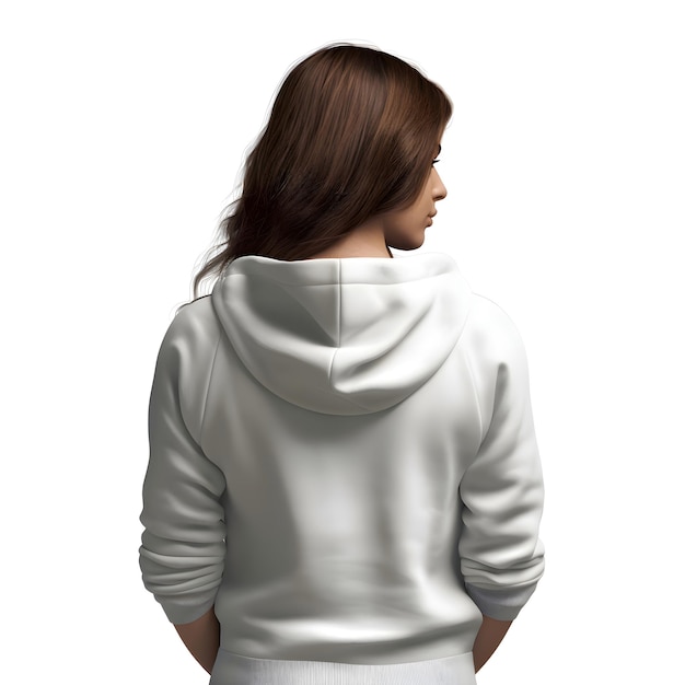 Free PSD back view of a young woman in white hoodie isolated on white background