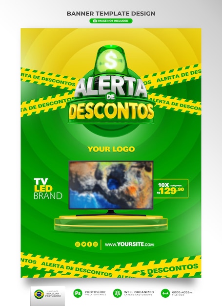 Banner alert of offers in brazil render 3d template in portuguese for marketing