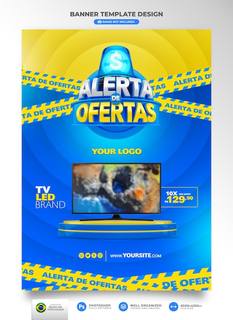 Banner alert of offers in brazil render 3d template in portuguese for marketing
