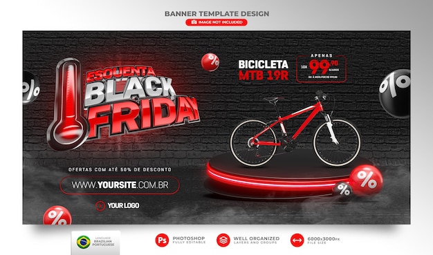 Banner black friday 3d realistic render for composition in portuguese brazilian