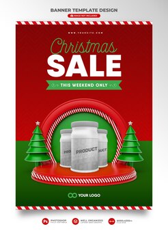 Banner christmas sale with podium and christmas tree 3d render cartoon template design