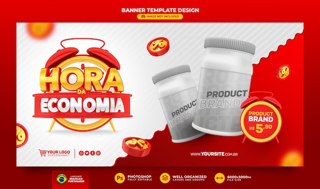 Banner economy time 3d render in brazil template design in portuguese