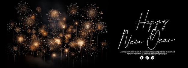 PSD gratuito banner di fuochi d'artificio dorati su sfondo nero con testo