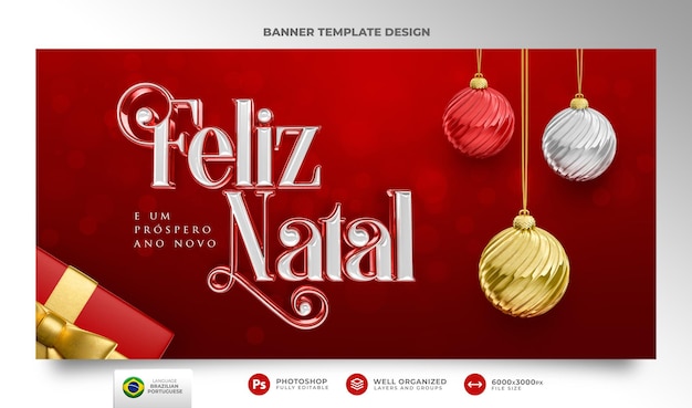 Banner merry christmas in portuguese 3d render for marketing campaign in brazil template design