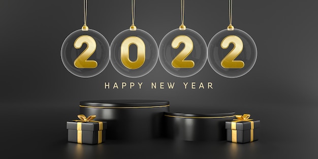 Banner new year 2022 3d render template design podium realistic