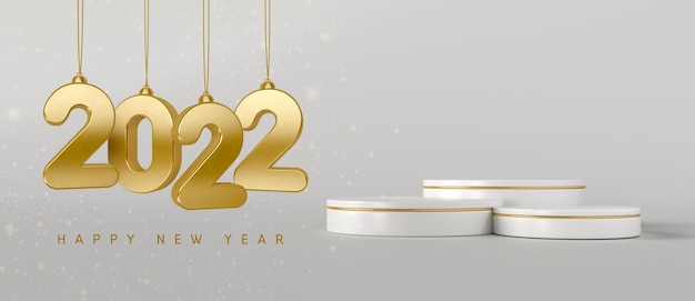 Banner new year 2022 3d render template design podium realistic