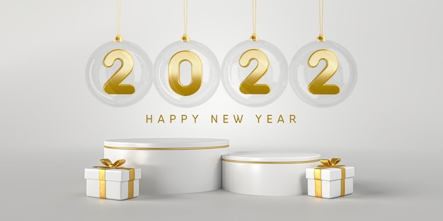 Banner new year 2022 3d render template design podium realistic