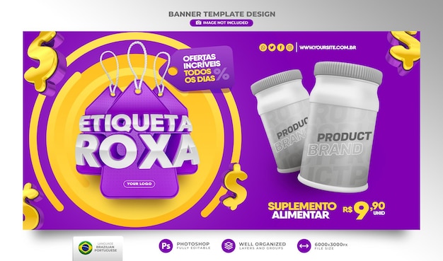 Banner purple label 3d render in brazil template design in portuguese