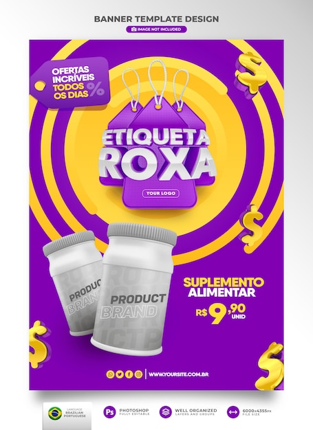 Banner purple label 3d render in brazil template design in portuguese
