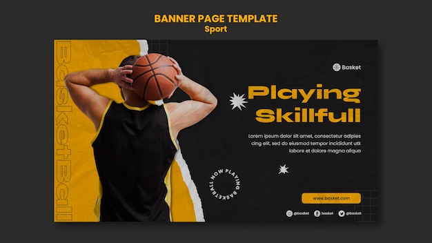 PSD gratuito modello di banner per partita di basket con giocatore maschio