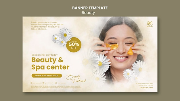 Modello di banner per bellezza e spa con fiori di donna e camomilla