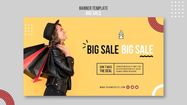 Banner template for big sale with woman and shopping bags