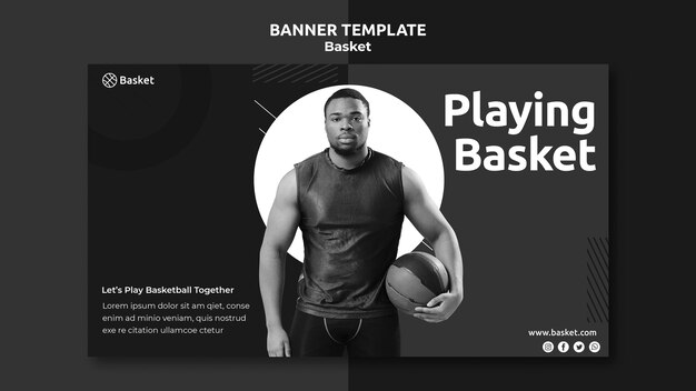 banner template in black and white with male basketball athlete