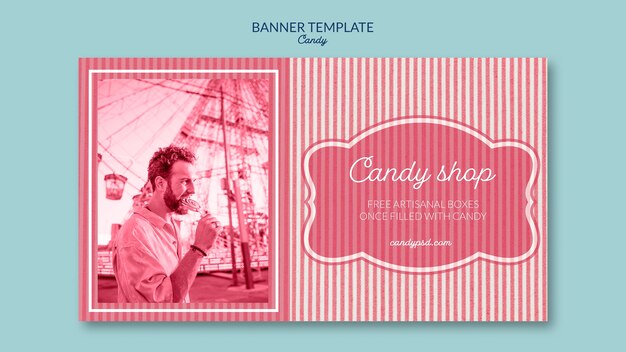 Banner template for candy shop with man and lollipop