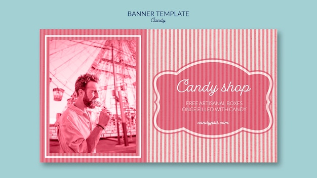 Banner template for candy shop with man and lollipop