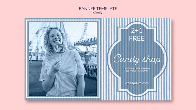 Banner template for candy shop with woman and lollipop