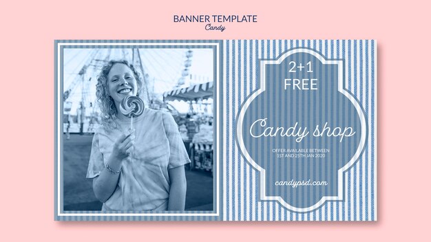 banner template for candy shop with woman and lollipop