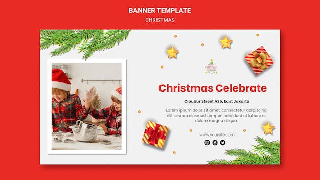 PSD gratuito modello di banner per la festa di natale con i bambini in cappelli di babbo natale