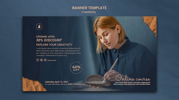 Free PSD banner template for creative pottery workshop with woman