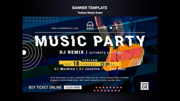Бесплатный PSD Шаблон баннера для ночной вечеринки техно музыки