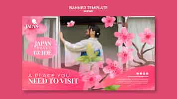 Бесплатный PSD Шаблон баннера для путешествия в японию с женщиной и цветущей вишней