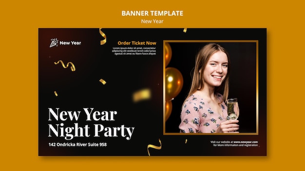 Free PSD banner template for new year party with woman and confetti