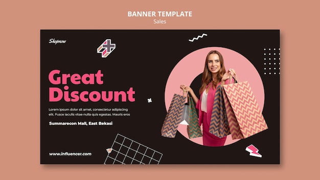 Banner template for sales with woman in pink suit